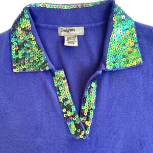 Designers Originals Sequin Collar Purple Knit Sweater Medium Holiday Glam